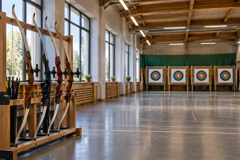 Лучный зал с мишенями и стойкой для луков
